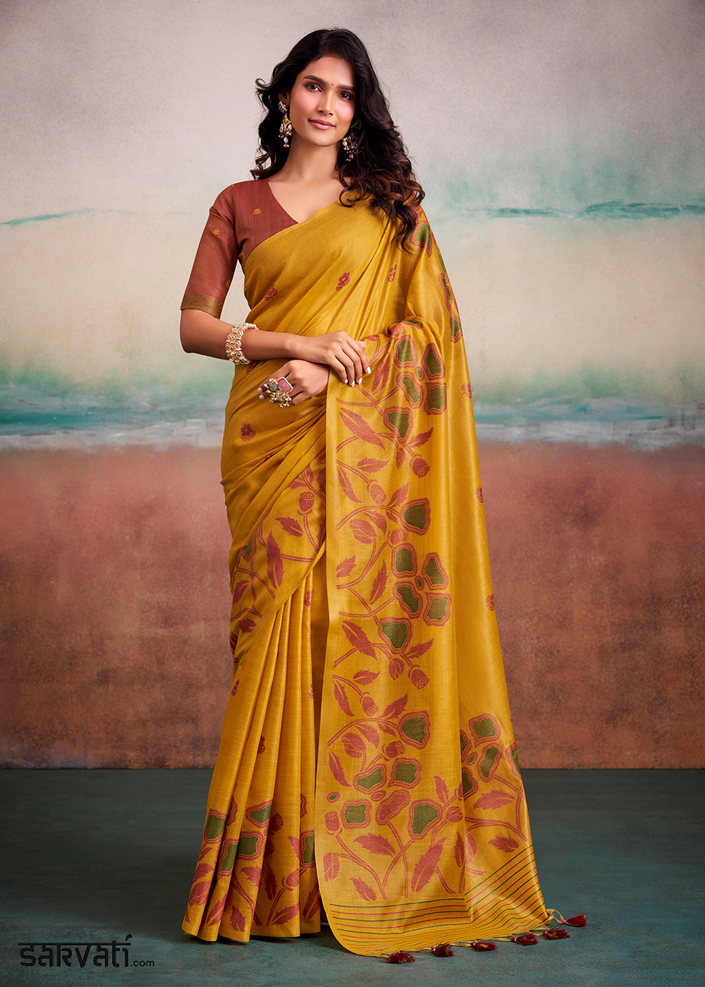 Mustard Yellow Floral Printed Cotton Silk Saree