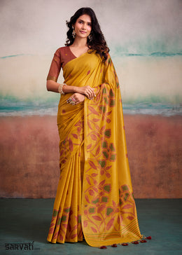 Mustard Yellow Floral Printed Cotton Silk Saree