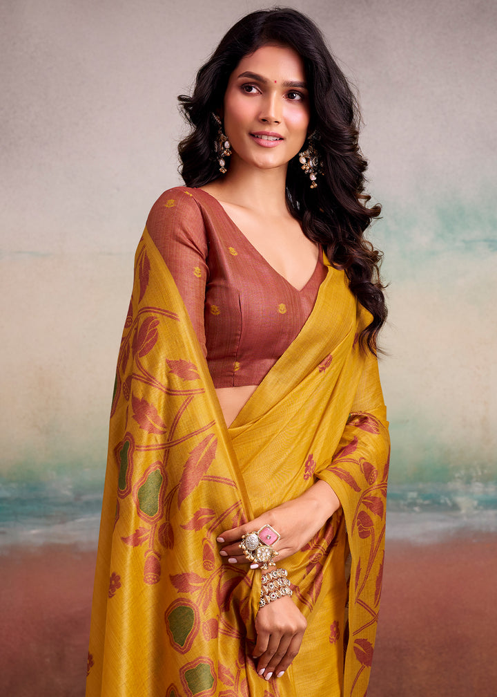 Mustard Yellow Floral Printed Cotton Silk Saree