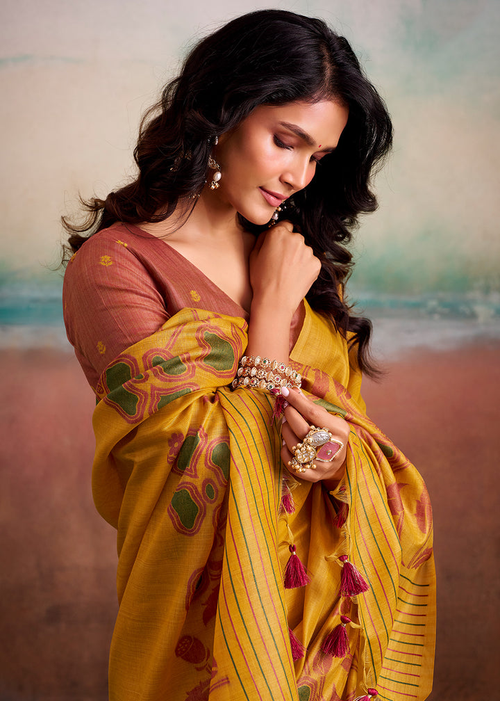 Mustard Yellow Floral Printed Cotton Silk Saree
