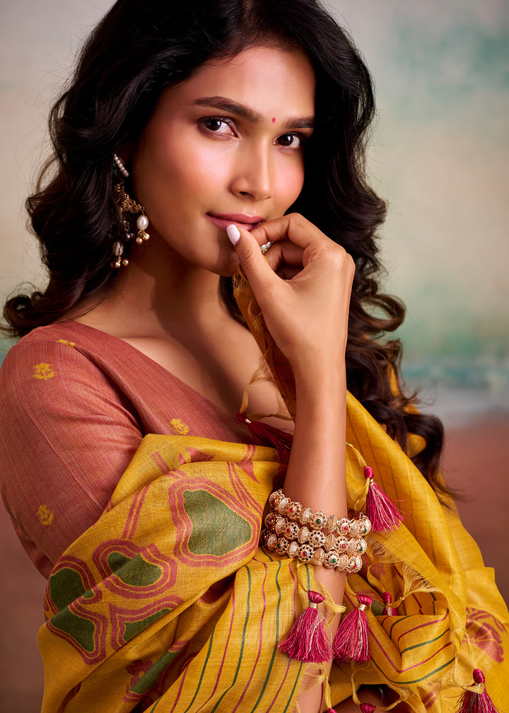 Mustard Yellow Floral Printed Cotton Silk Saree