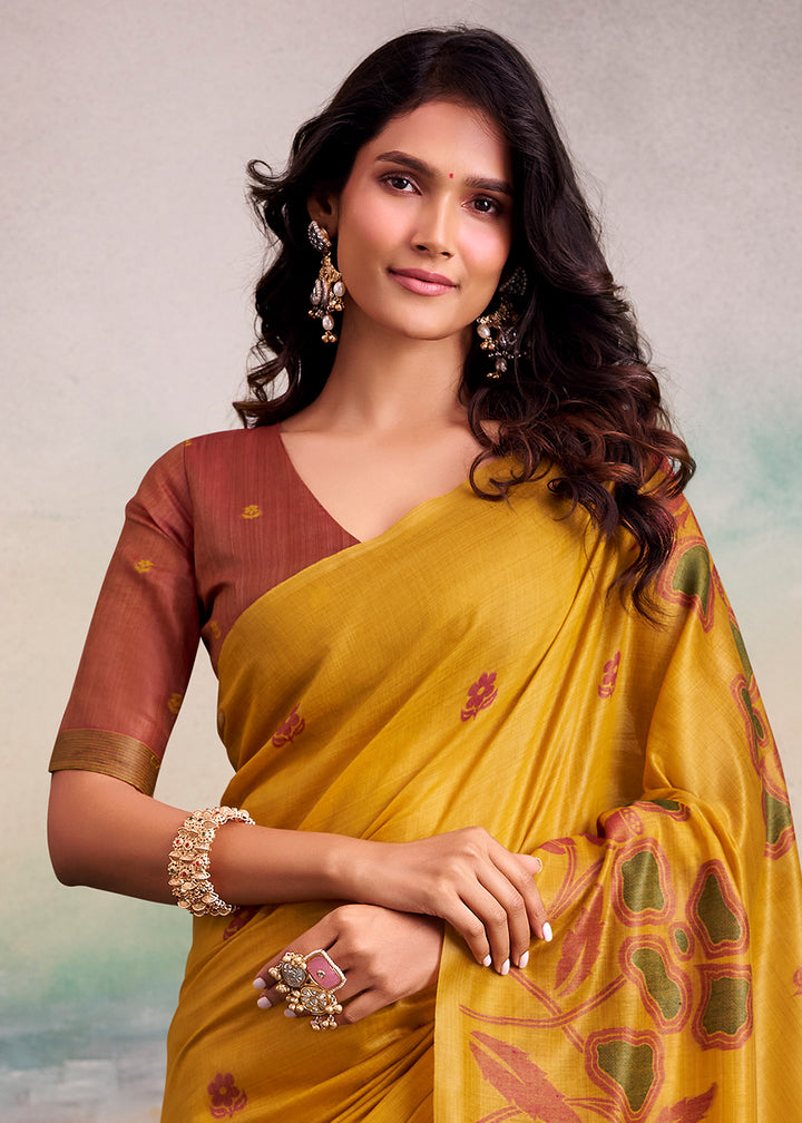Mustard Yellow Floral Printed Cotton Silk Saree