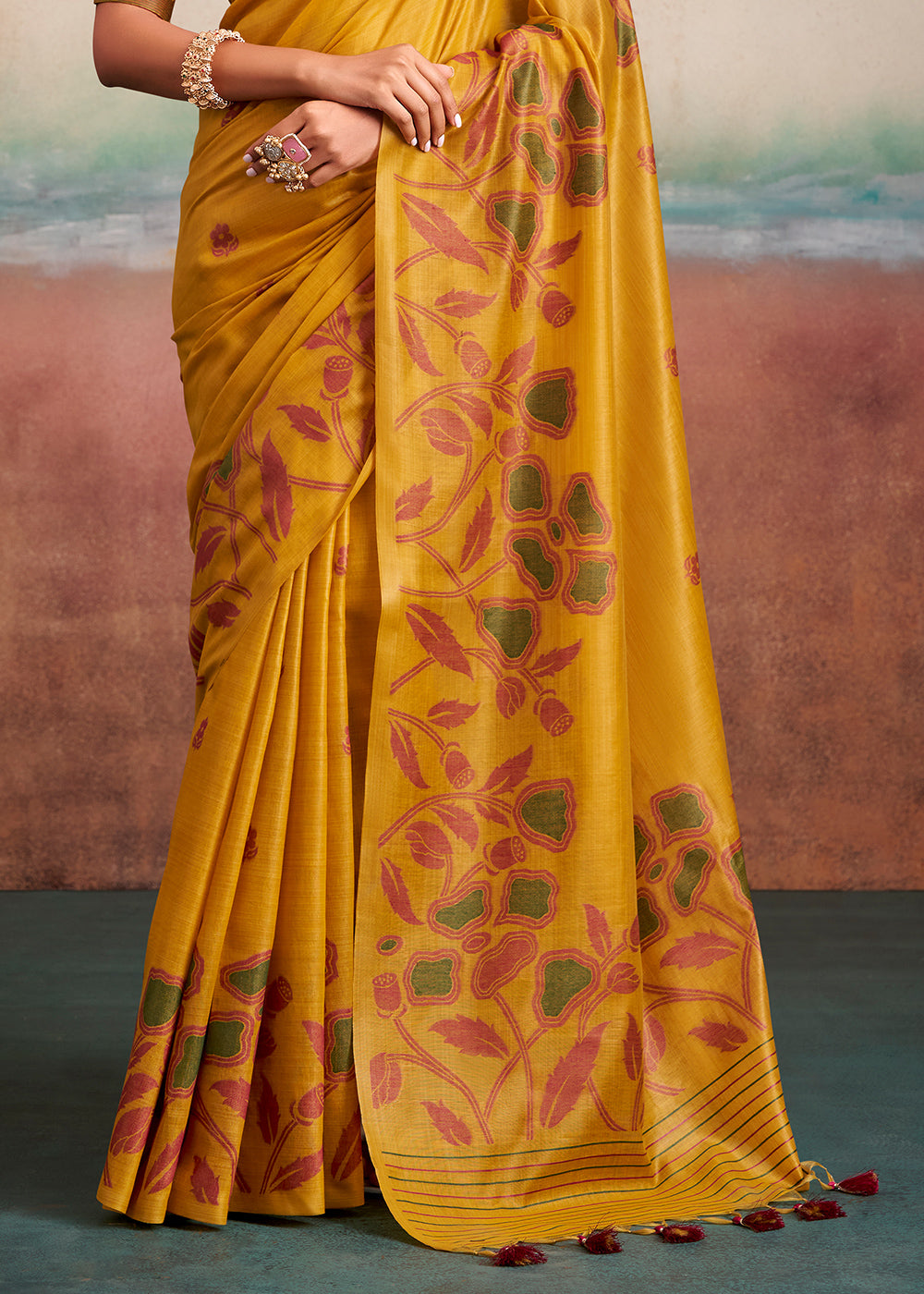 Mustard Yellow Floral Printed Cotton Silk Saree