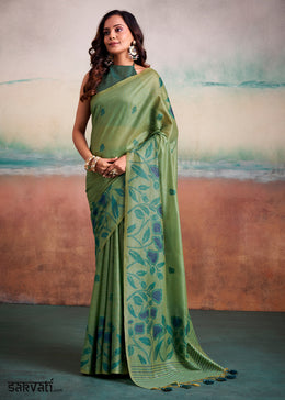 Shades Of Green Floral Printed Cotton Silk Saree