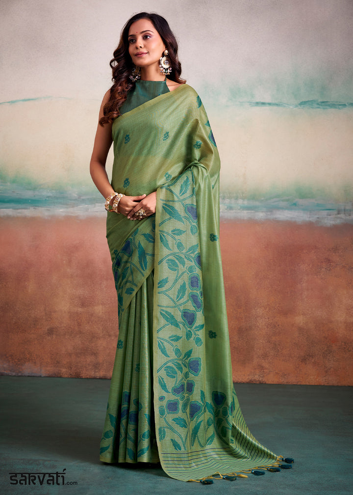 Shades Of Green Floral Printed Cotton Silk Saree