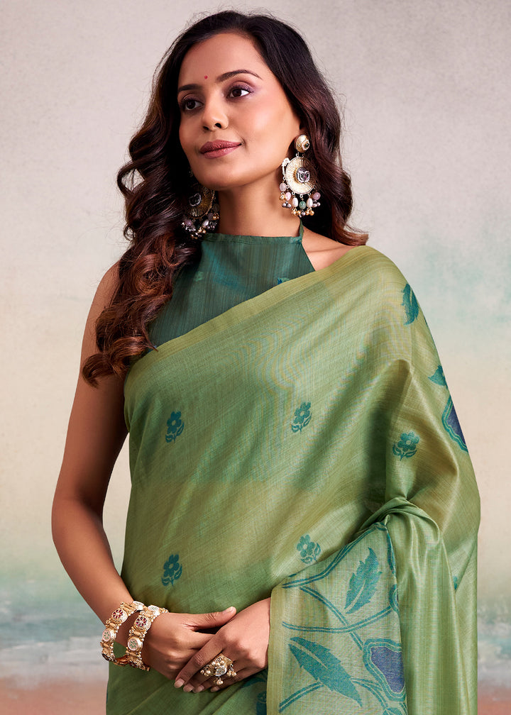 Shades Of Green Floral Printed Cotton Silk Saree