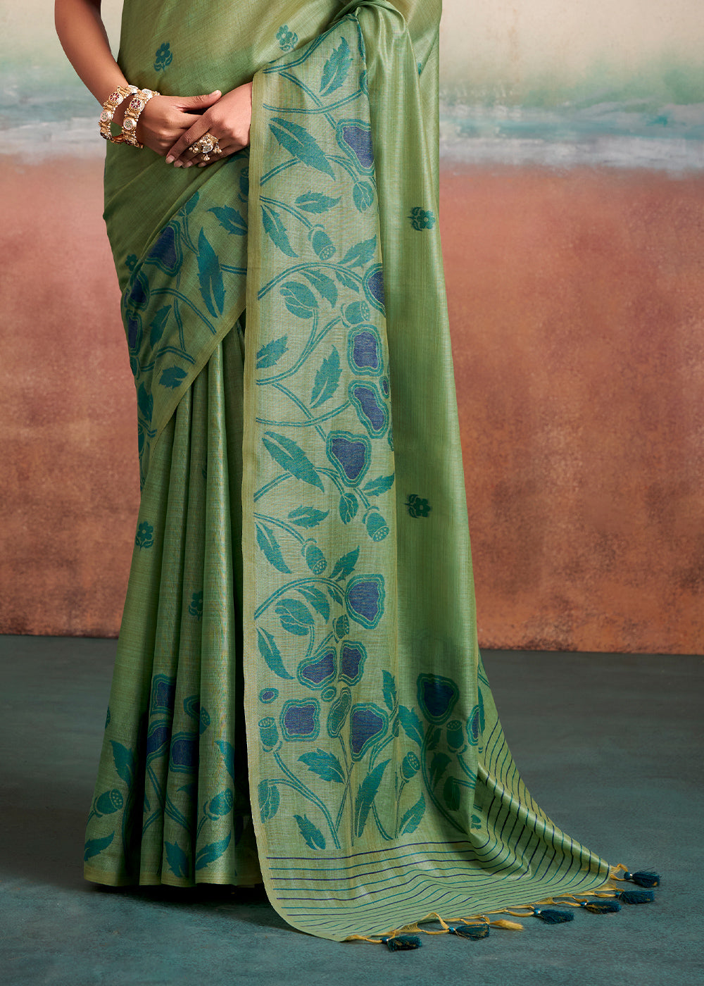 Shades Of Green Floral Printed Cotton Silk Saree