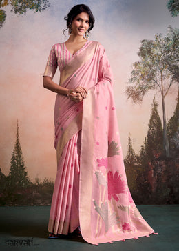 Flamingo Pink Linen Silk Saree with Elegant Zari Butti Motifs