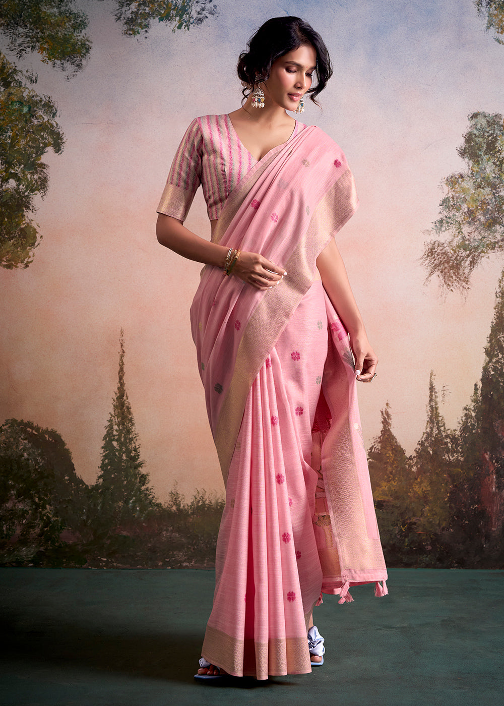 Flamingo Pink Linen Silk Saree with Elegant Zari Butti Motifs