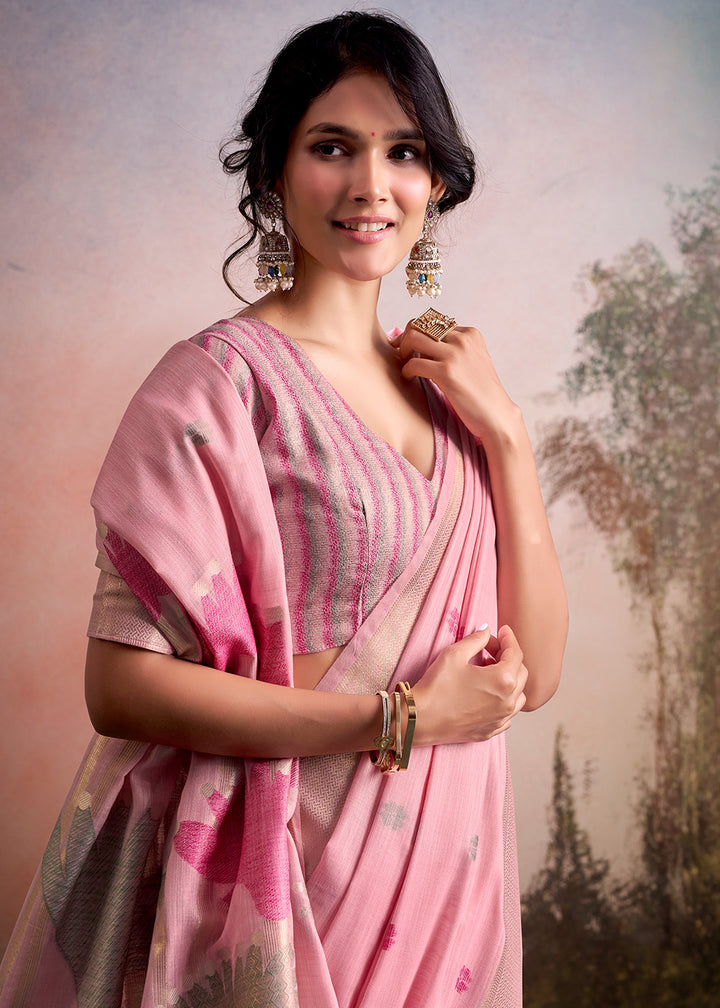 Flamingo Pink Linen Silk Saree with Elegant Zari Butti Motifs