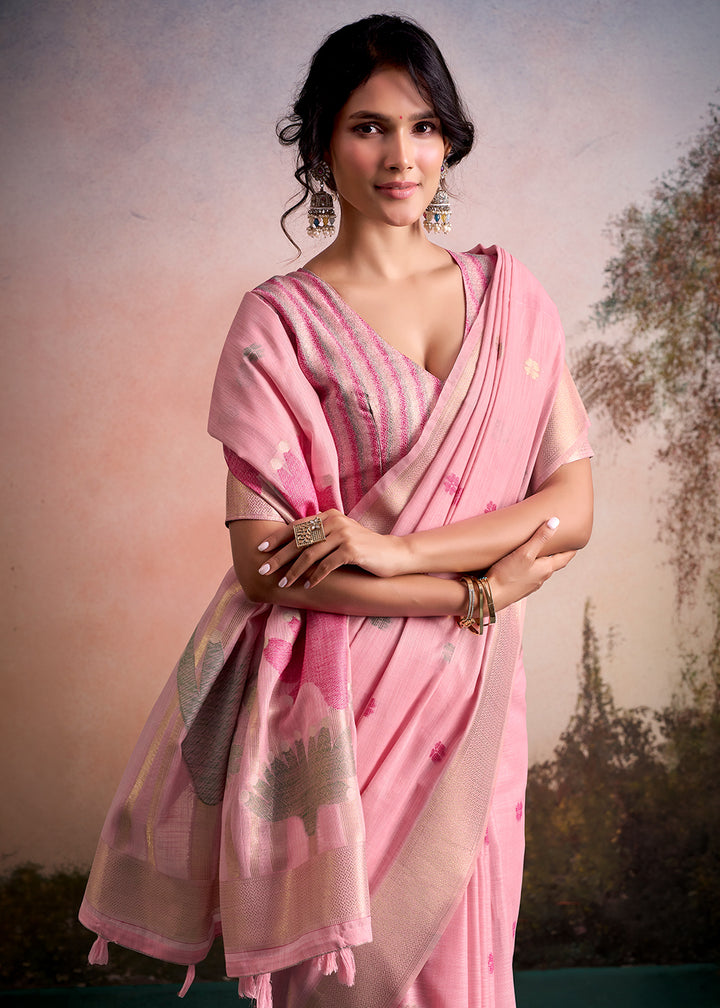 Flamingo Pink Linen Silk Saree with Elegant Zari Butti Motifs