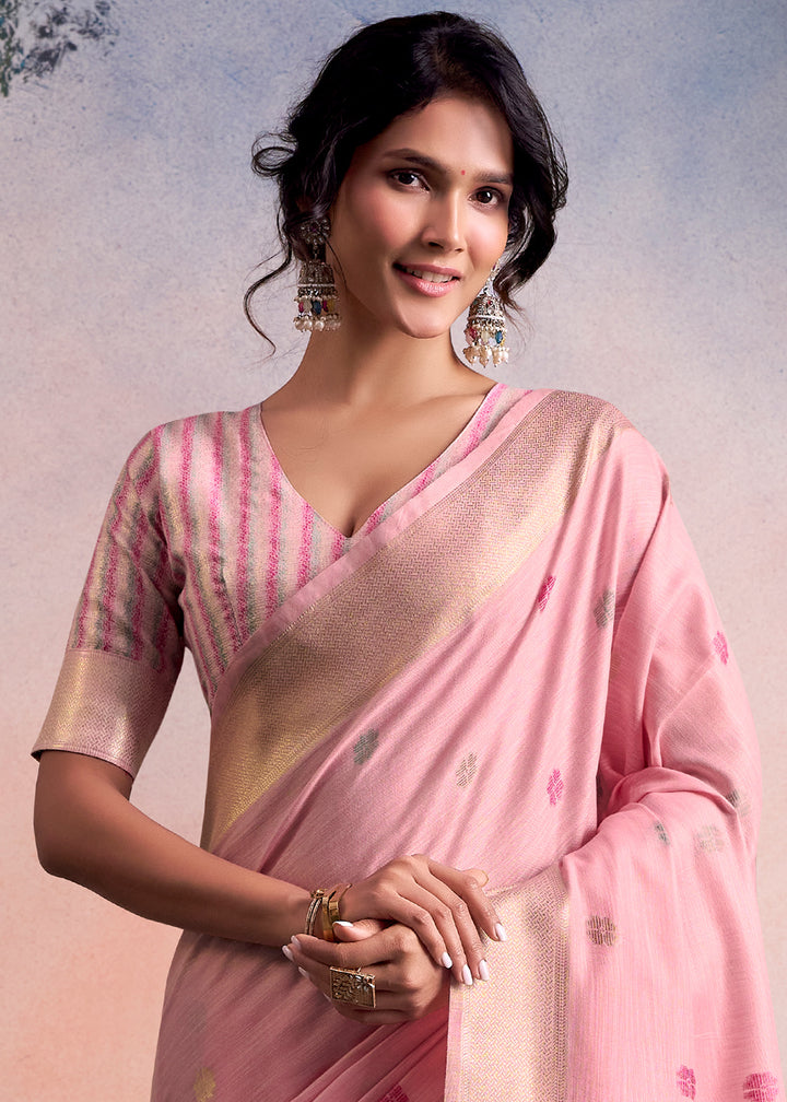 Flamingo Pink Linen Silk Saree with Elegant Zari Butti Motifs
