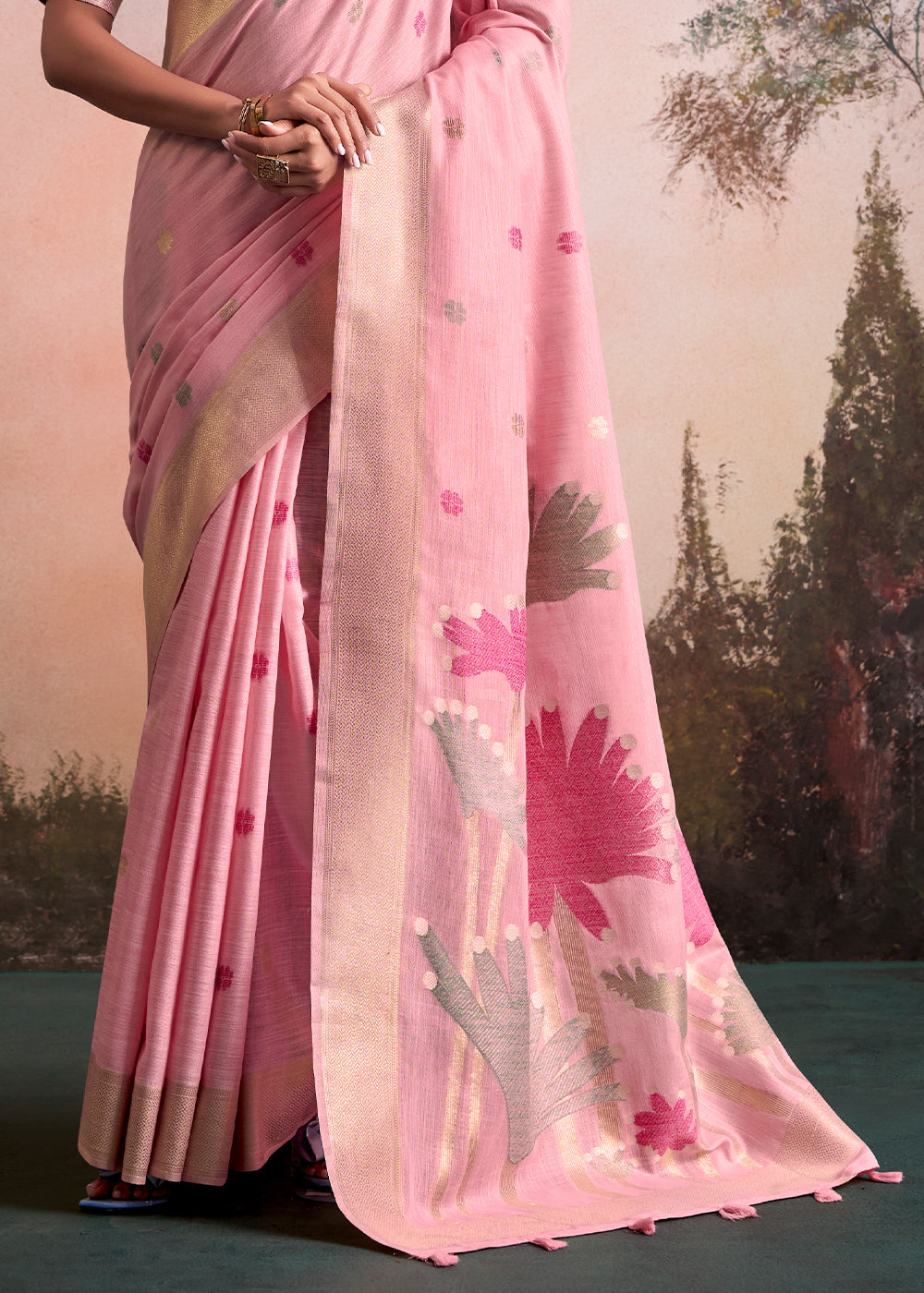 Flamingo Pink Linen Silk Saree with Elegant Zari Butti Motifs