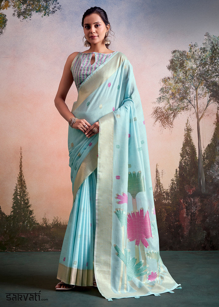 Baby Blue Linen Silk Saree with Elegant Zari Butti Motifs