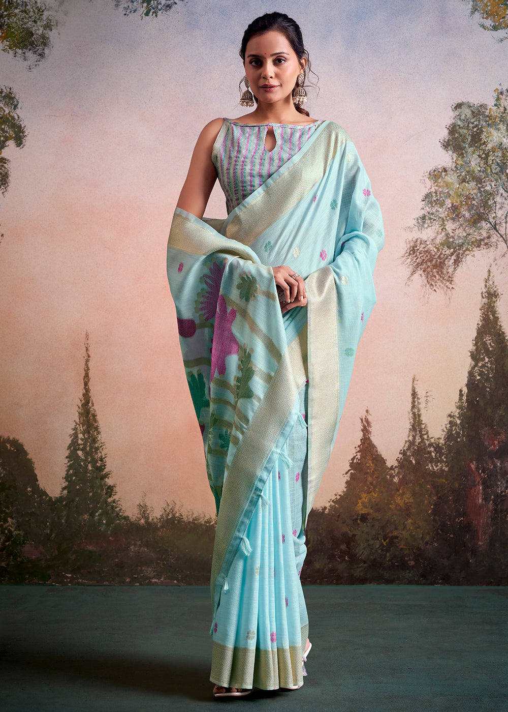Baby Blue Linen Silk Saree with Elegant Zari Butti Motifs