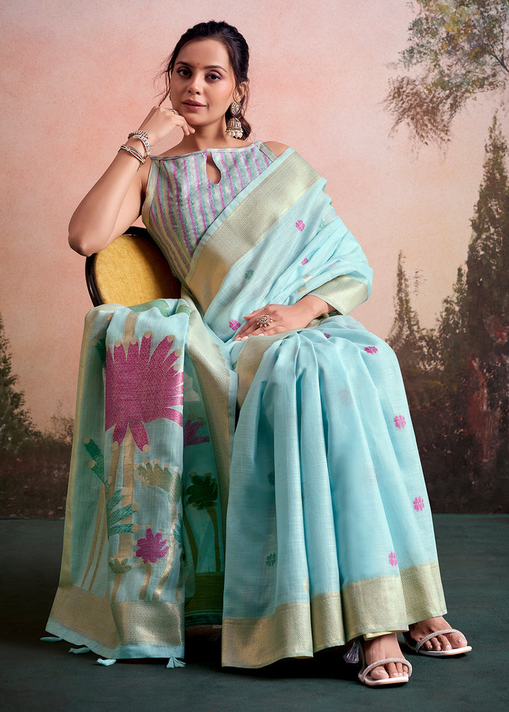 Baby Blue Linen Silk Saree with Elegant Zari Butti Motifs