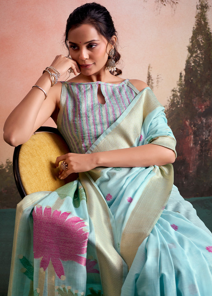 Baby Blue Linen Silk Saree with Elegant Zari Butti Motifs