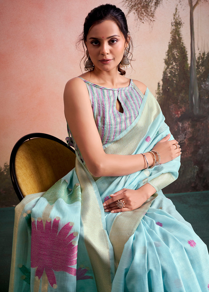 Baby Blue Linen Silk Saree with Elegant Zari Butti Motifs
