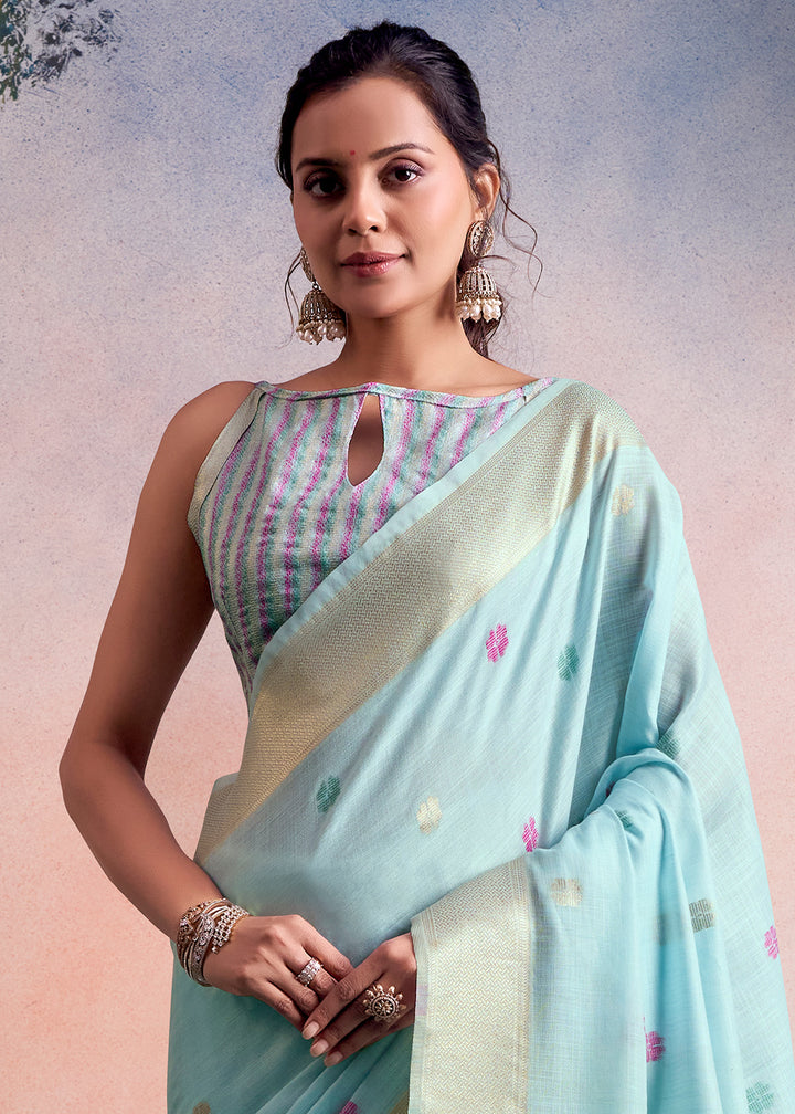 Baby Blue Linen Silk Saree with Elegant Zari Butti Motifs