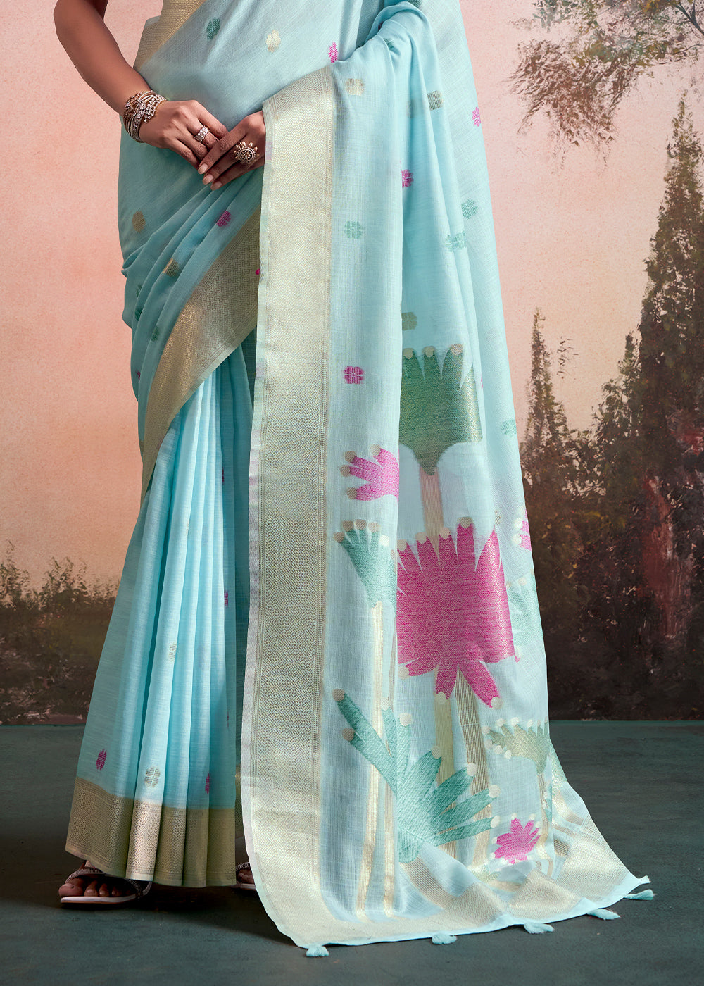 Baby Blue Linen Silk Saree with Elegant Zari Butti Motifs
