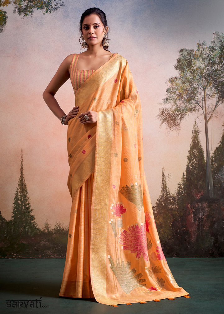 Melon Orange Linen Silk Saree with Elegant Zari Butti Motifs