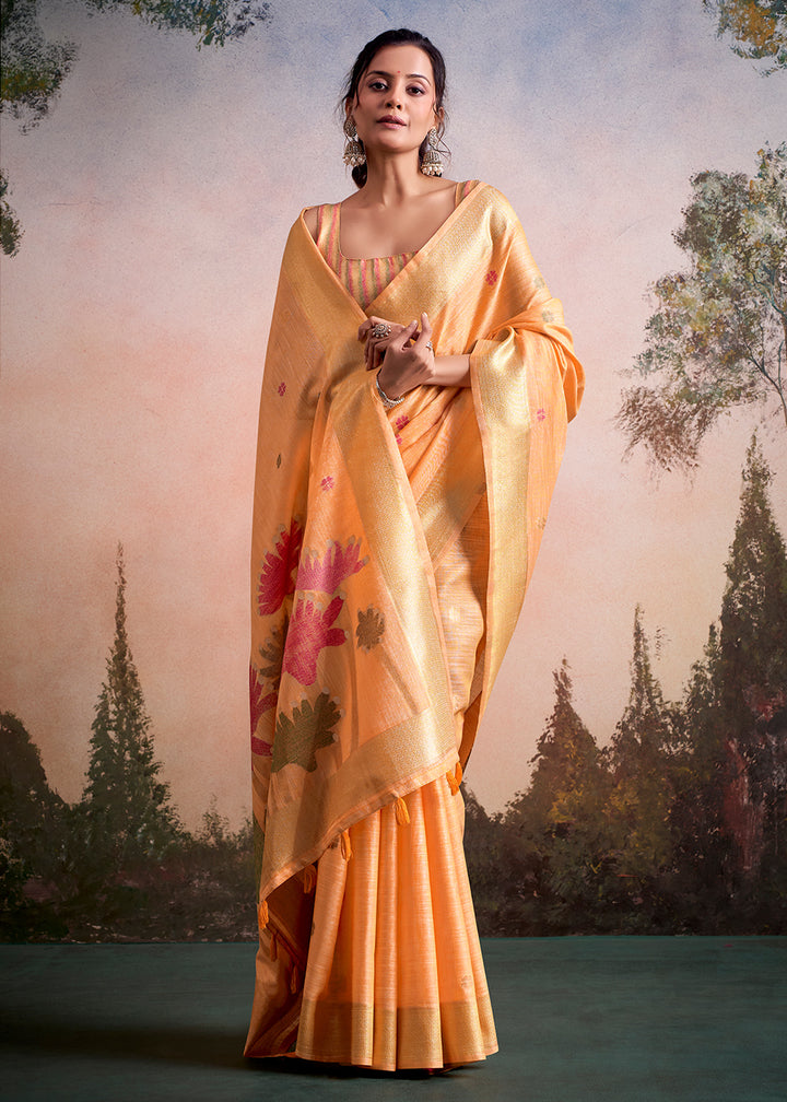 Melon Orange Linen Silk Saree with Elegant Zari Butti Motifs