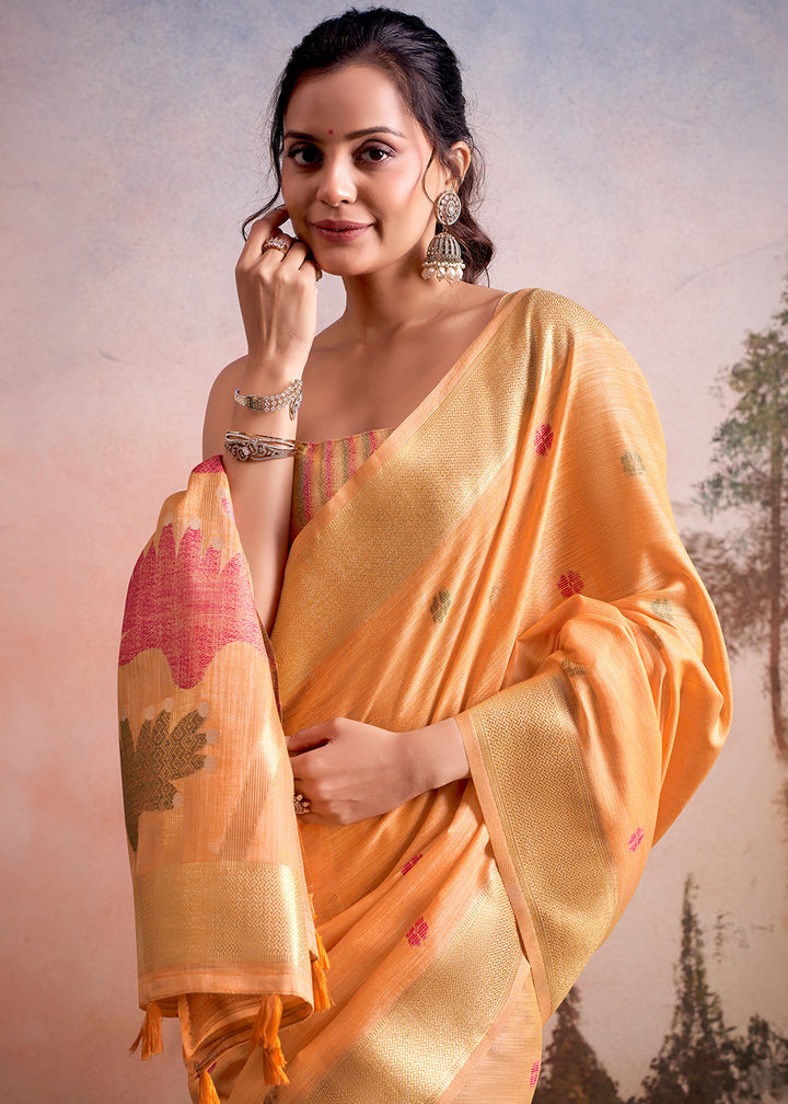 Melon Orange Linen Silk Saree with Elegant Zari Butti Motifs