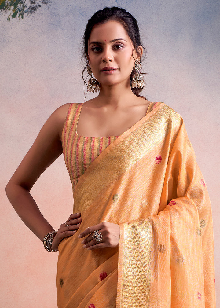 Melon Orange Linen Silk Saree with Elegant Zari Butti Motifs