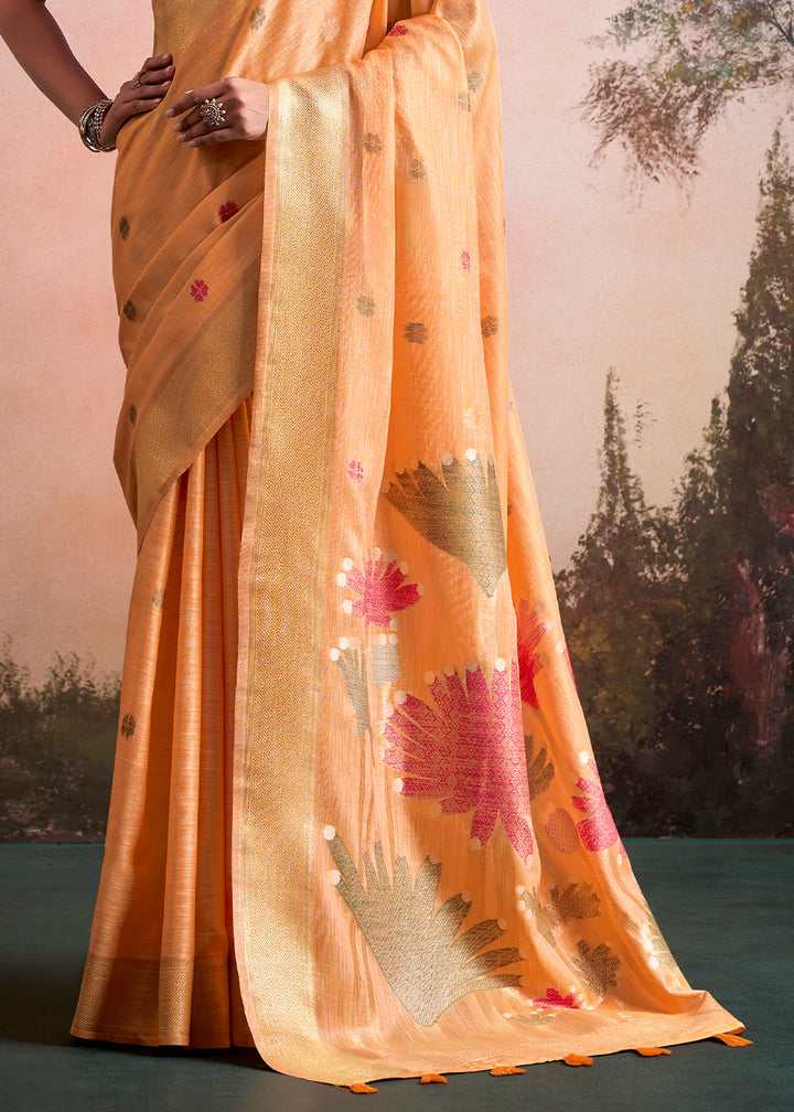 Melon Orange Linen Silk Saree with Elegant Zari Butti Motifs