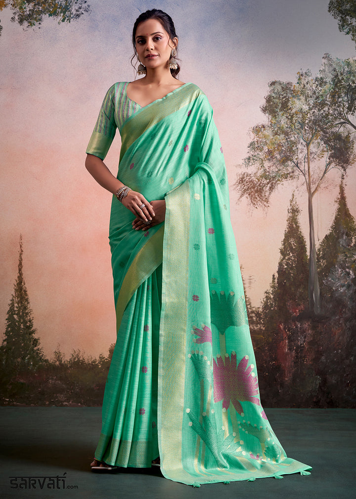Mint Green Linen Silk Saree with Elegant Zari Butti Motifs