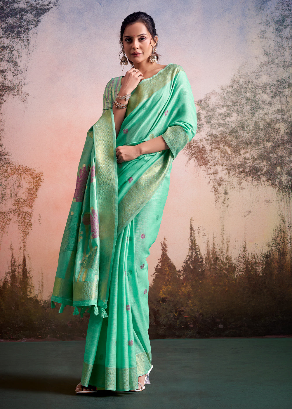 Mint Green Linen Silk Saree with Elegant Zari Butti Motifs