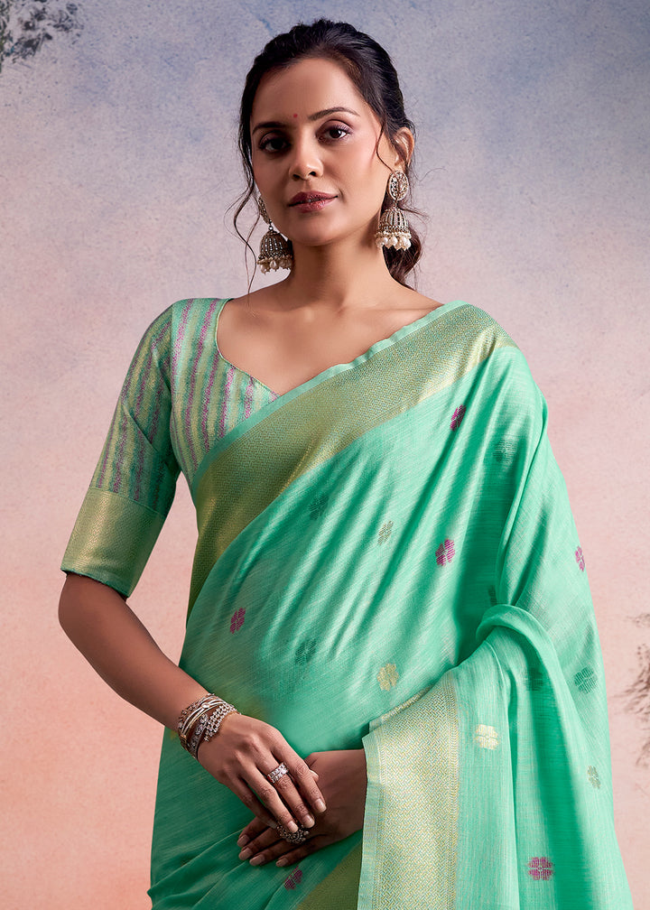 Mint Green Linen Silk Saree with Elegant Zari Butti Motifs