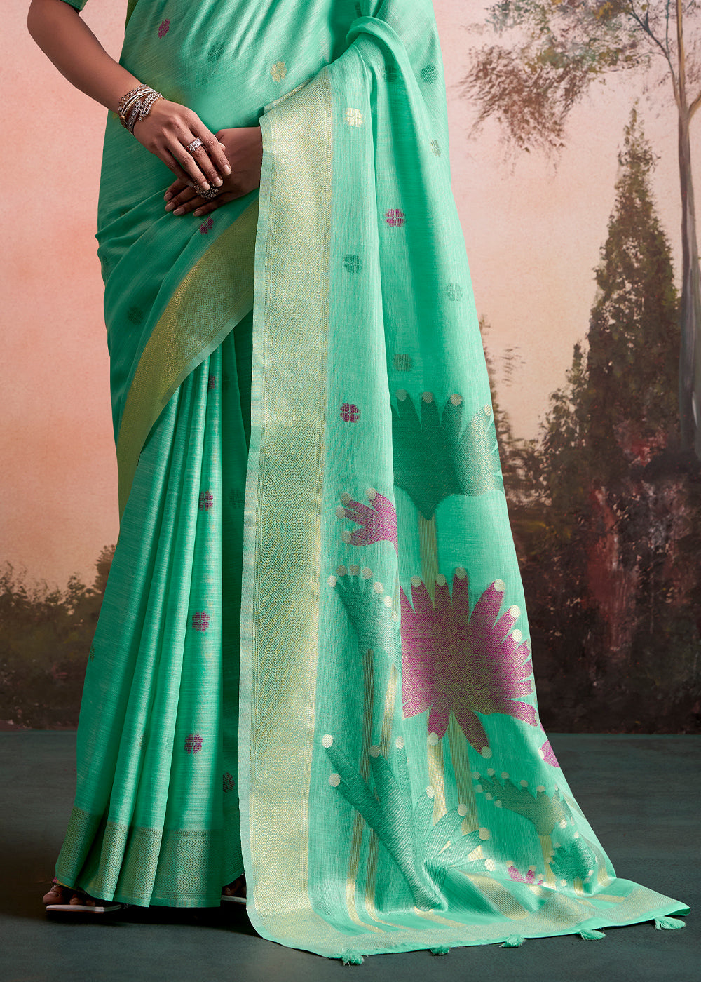 Mint Green Linen Silk Saree with Elegant Zari Butti Motifs