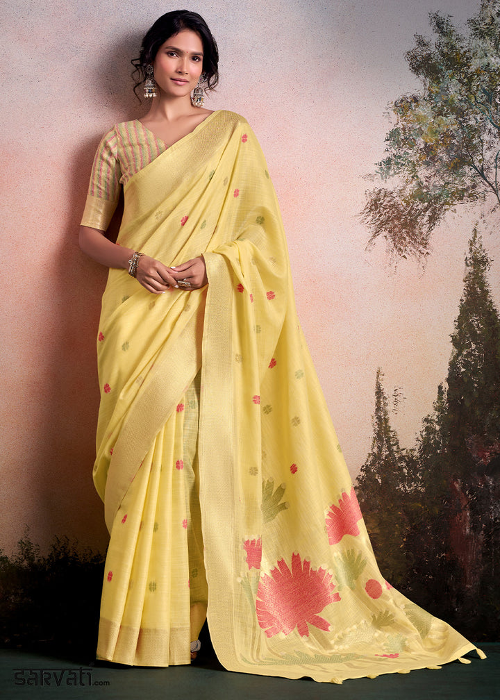 Blonde Yellow Linen Silk Saree with Elegant Zari Butti Motifs