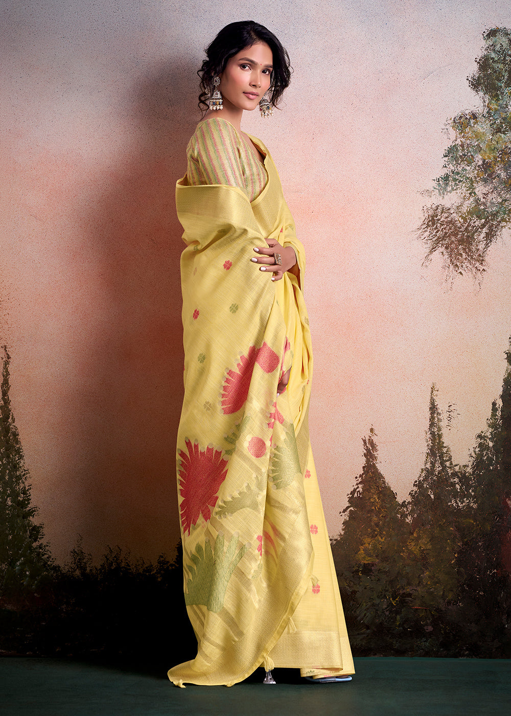 Blonde Yellow Linen Silk Saree with Elegant Zari Butti Motifs