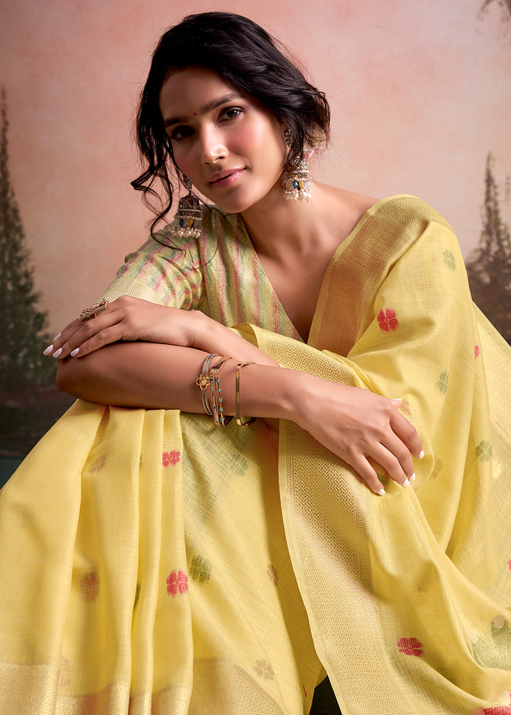 Blonde Yellow Linen Silk Saree with Elegant Zari Butti Motifs