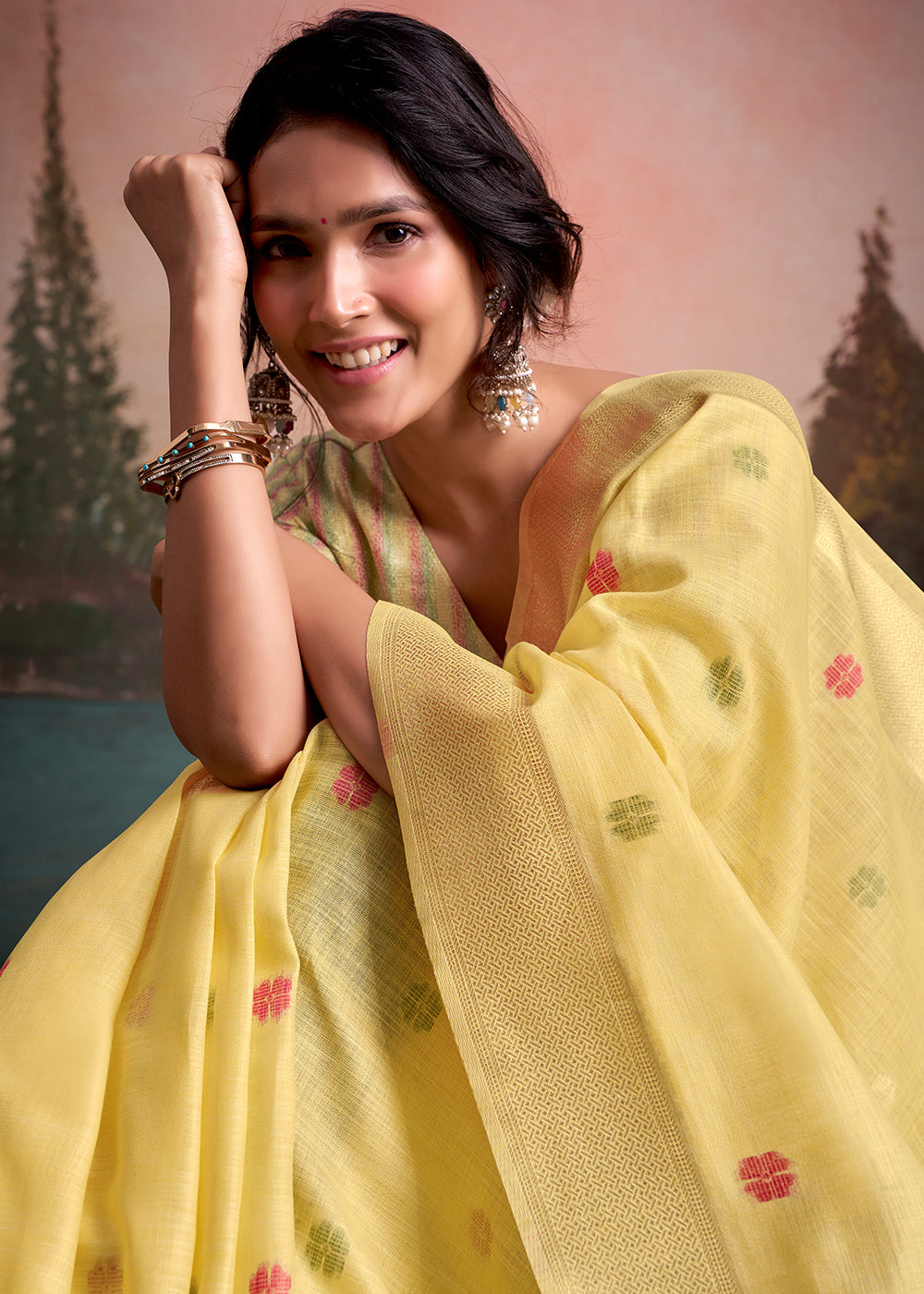 Blonde Yellow Linen Silk Saree with Elegant Zari Butti Motifs