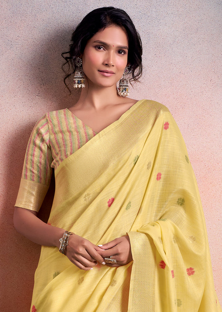 Blonde Yellow Linen Silk Saree with Elegant Zari Butti Motifs
