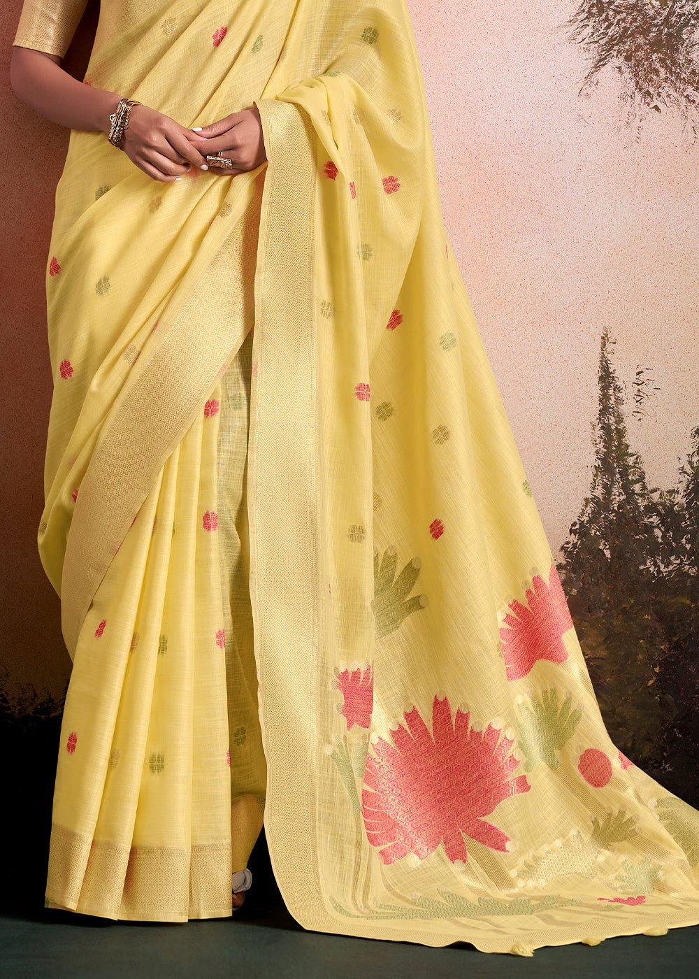 Blonde Yellow Linen Silk Saree with Elegant Zari Butti Motifs