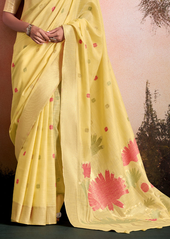 Blonde Yellow Linen Silk Saree with Elegant Zari Butti Motifs