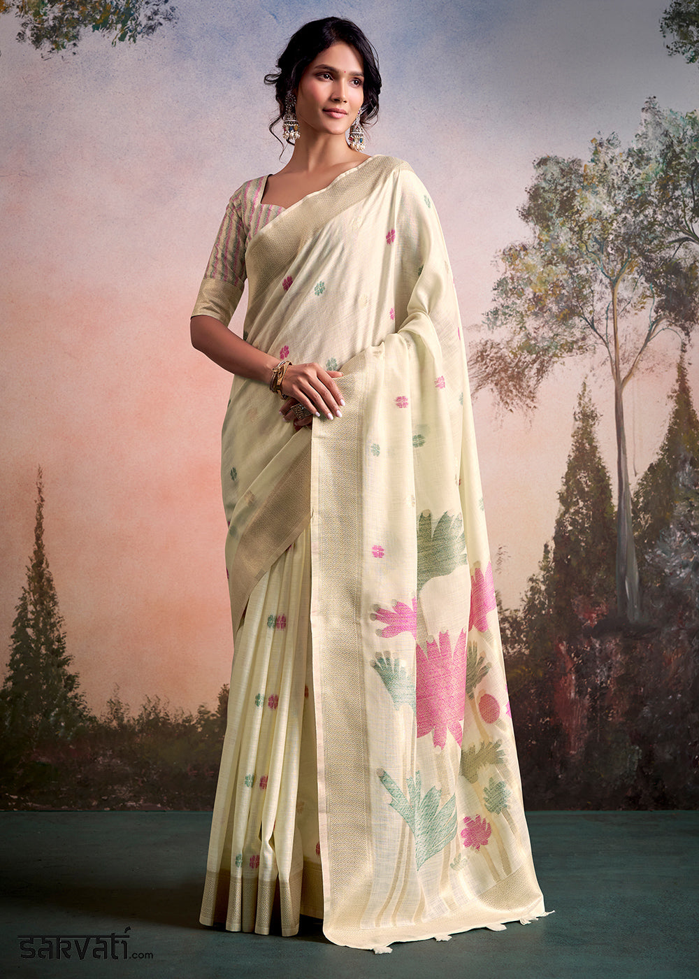 Cream White Linen Silk Saree with Elegant Zari Butti Motifs