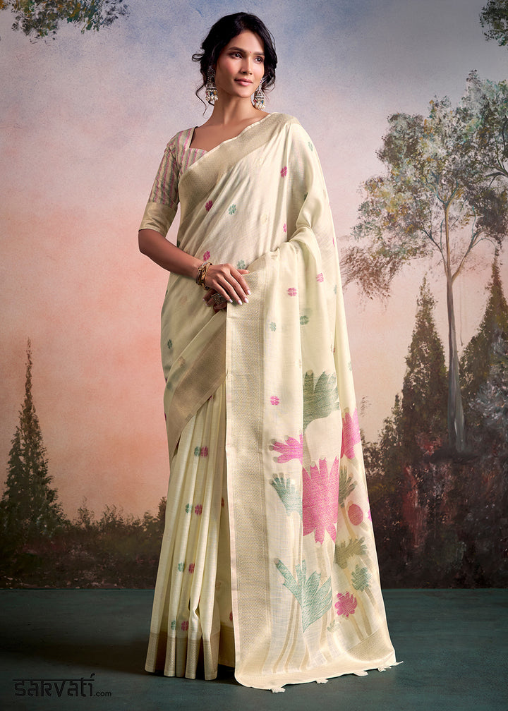 Cream White Linen Silk Saree with Elegant Zari Butti Motifs
