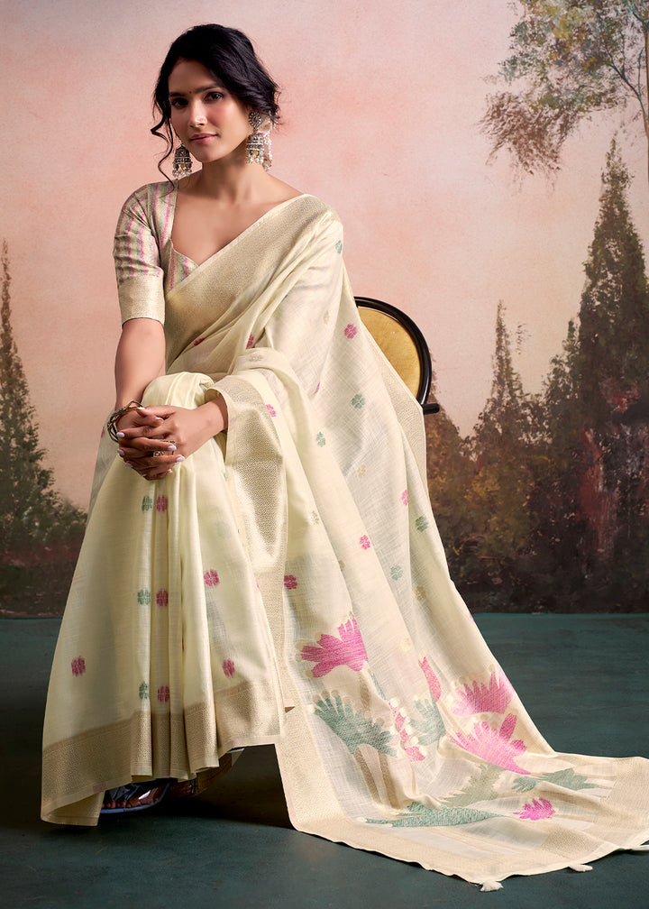 Cream White Linen Silk Saree with Elegant Zari Butti Motifs