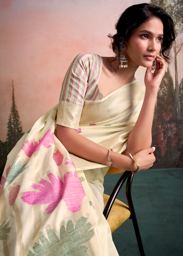 Cream White Linen Silk Saree with Elegant Zari Butti Motifs