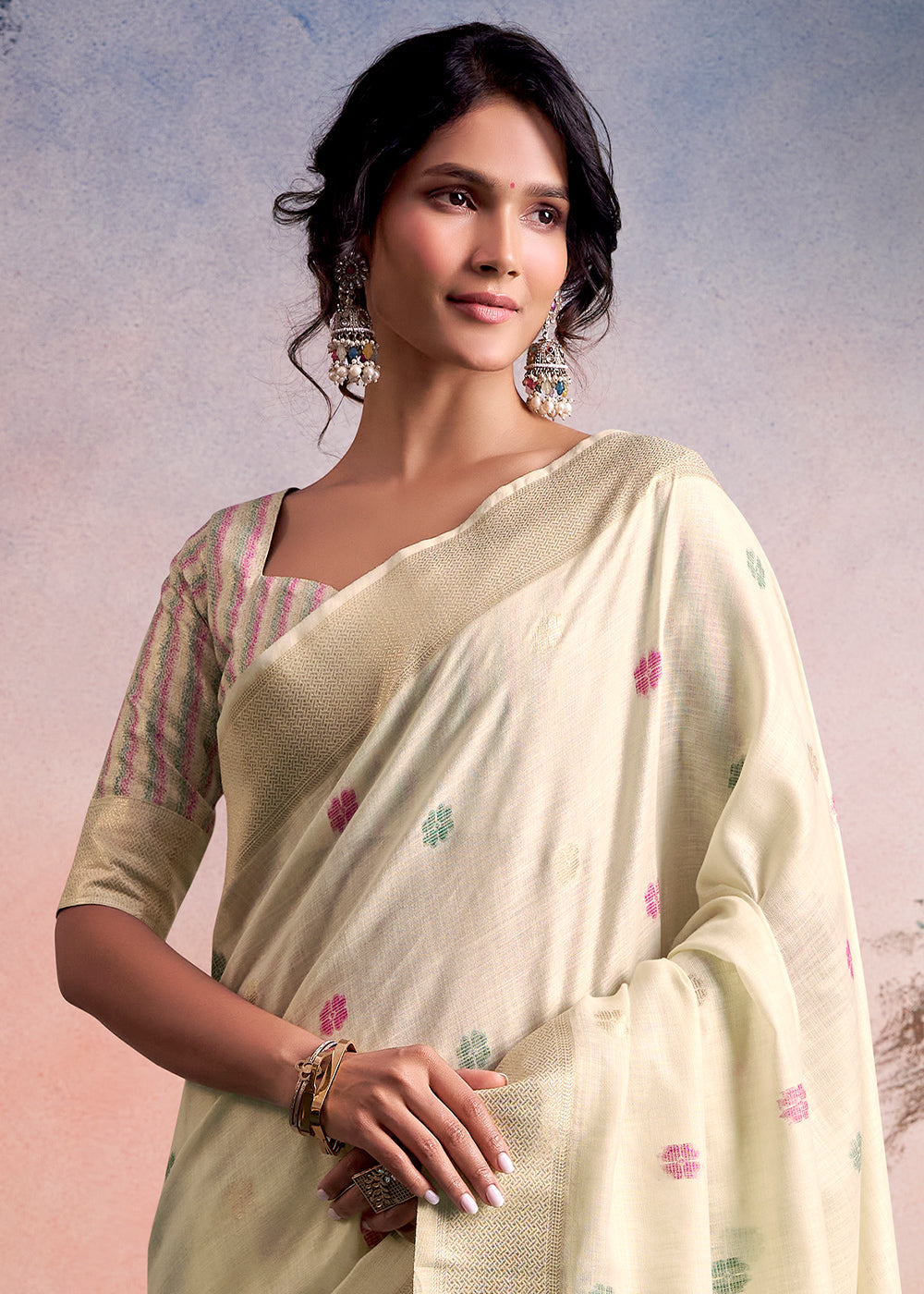 Cream White Linen Silk Saree with Elegant Zari Butti Motifs