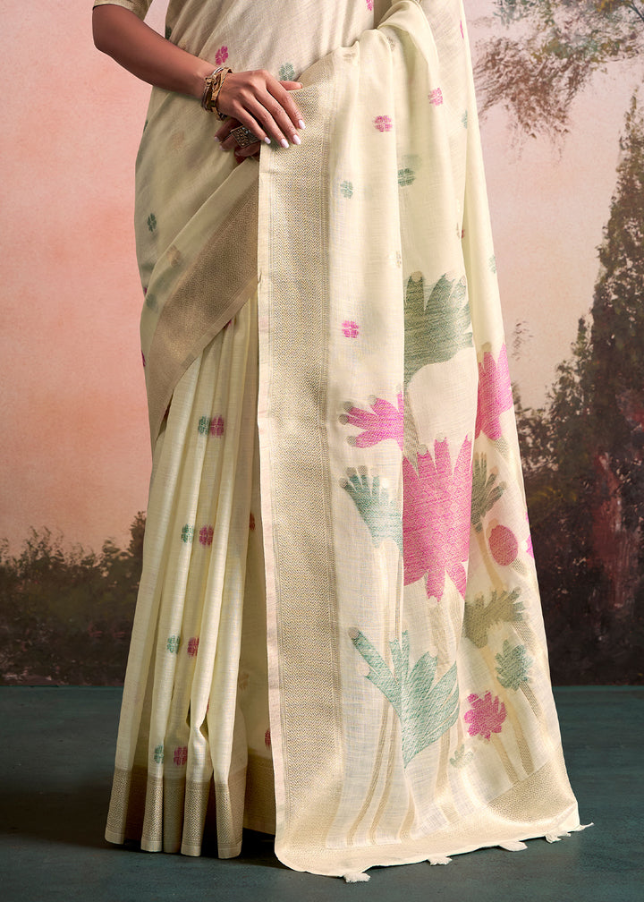 Cream White Linen Silk Saree with Elegant Zari Butti Motifs
