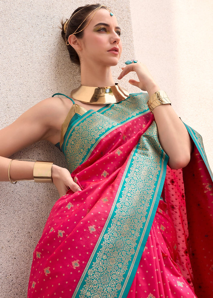 Raspberry Pink Zari Woven Soft Silk Saree with Contrast Border