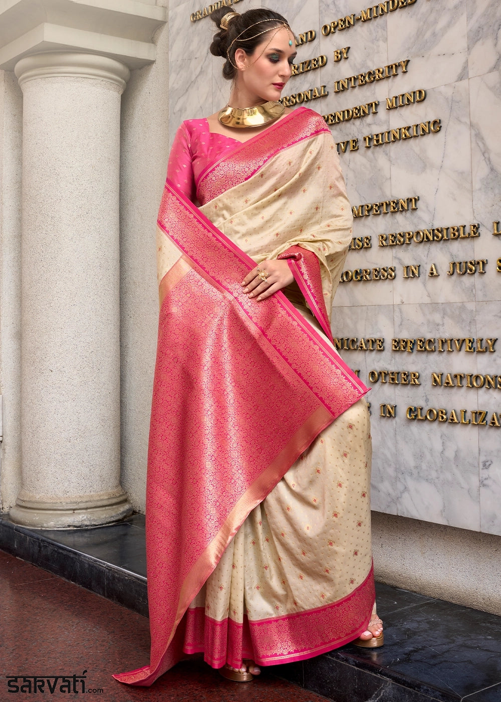 Beige Brown Zari Woven Soft Silk Saree with Contrast Border