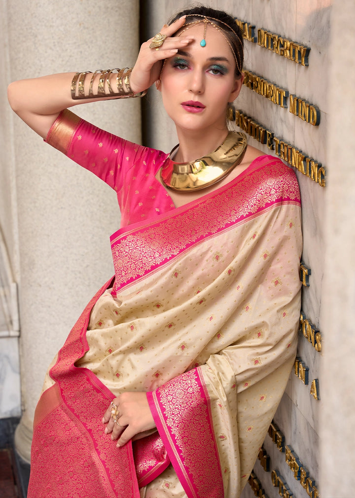 Beige Brown Zari Woven Soft Silk Saree with Contrast Border