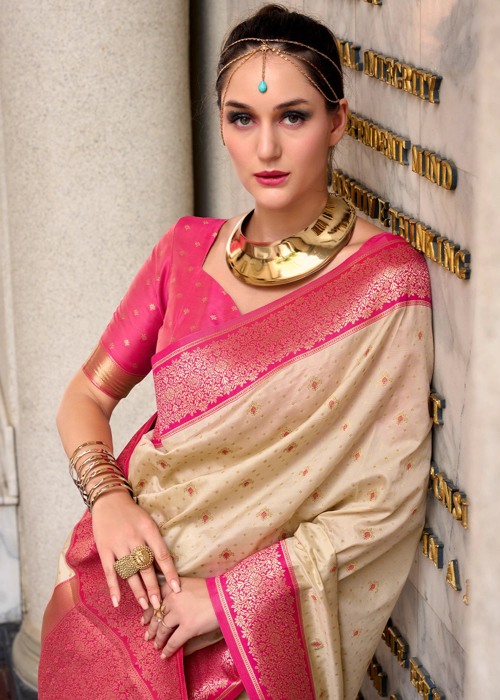 Beige Brown Zari Woven Soft Silk Saree with Contrast Border